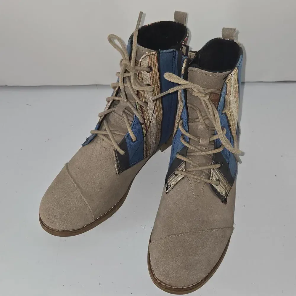 0202 TOMS Alpa Boots‎ Taupe Suede Leather Striped Colorful Women's Size 7.5W